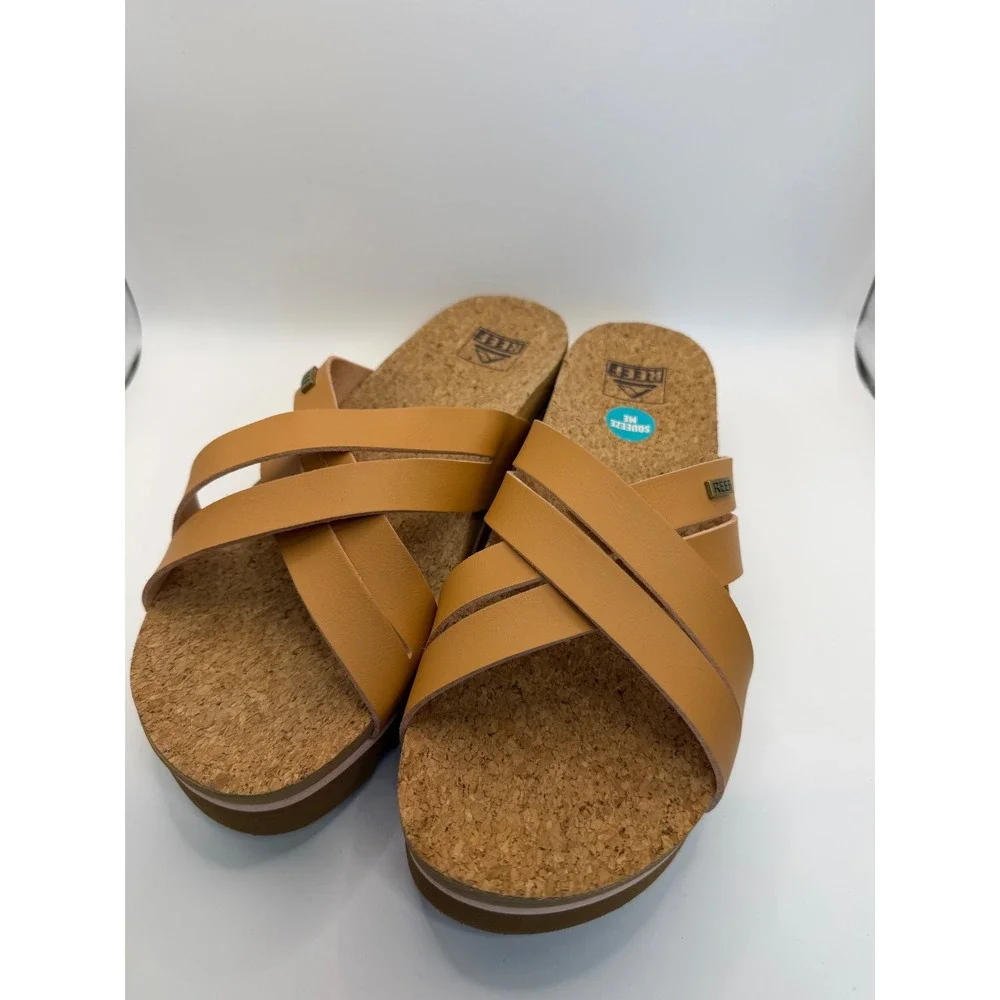 Reef Vista Hi Tan Vegan Leather Platform Sandals Cork Footbed Slides Women 9